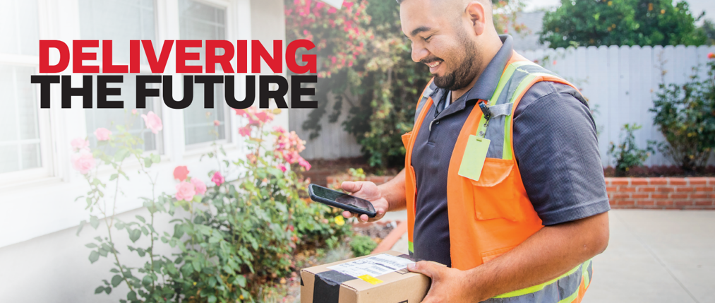 A banner showing a delivery man with a package and smartphone