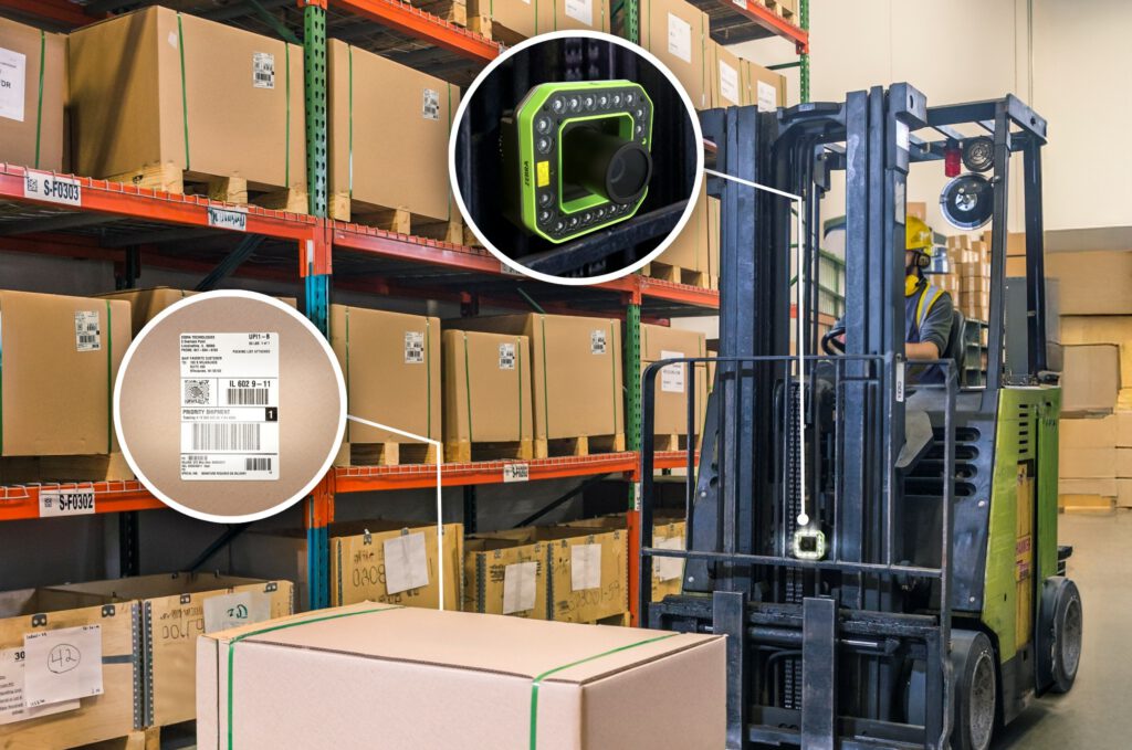 Zebra FS70 fixed industrial scanner mounted on a forklift to scan pallet barcode labels in a warehouse.